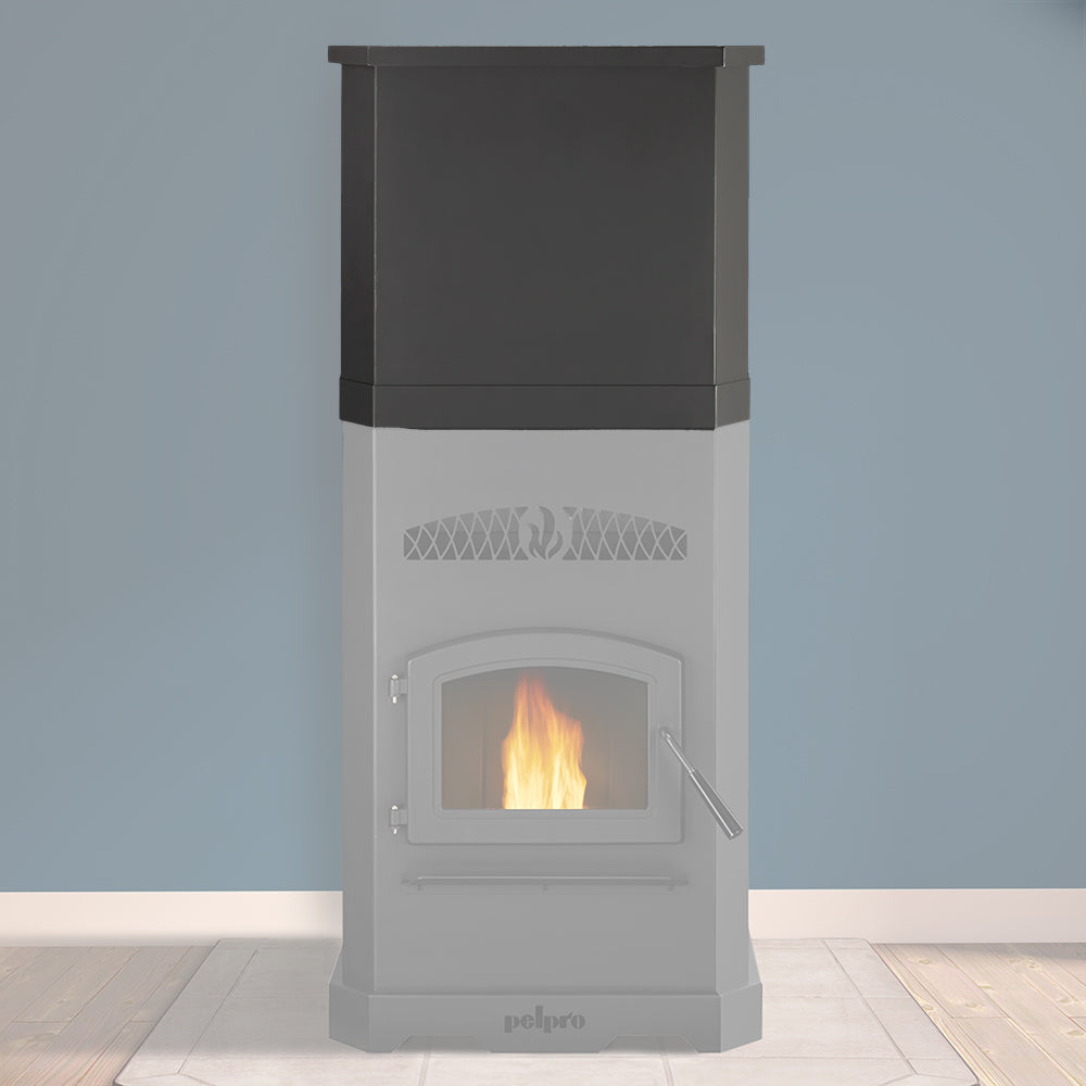 PelPro hopper extension atop pellet stove, light gray hopper with vent grille