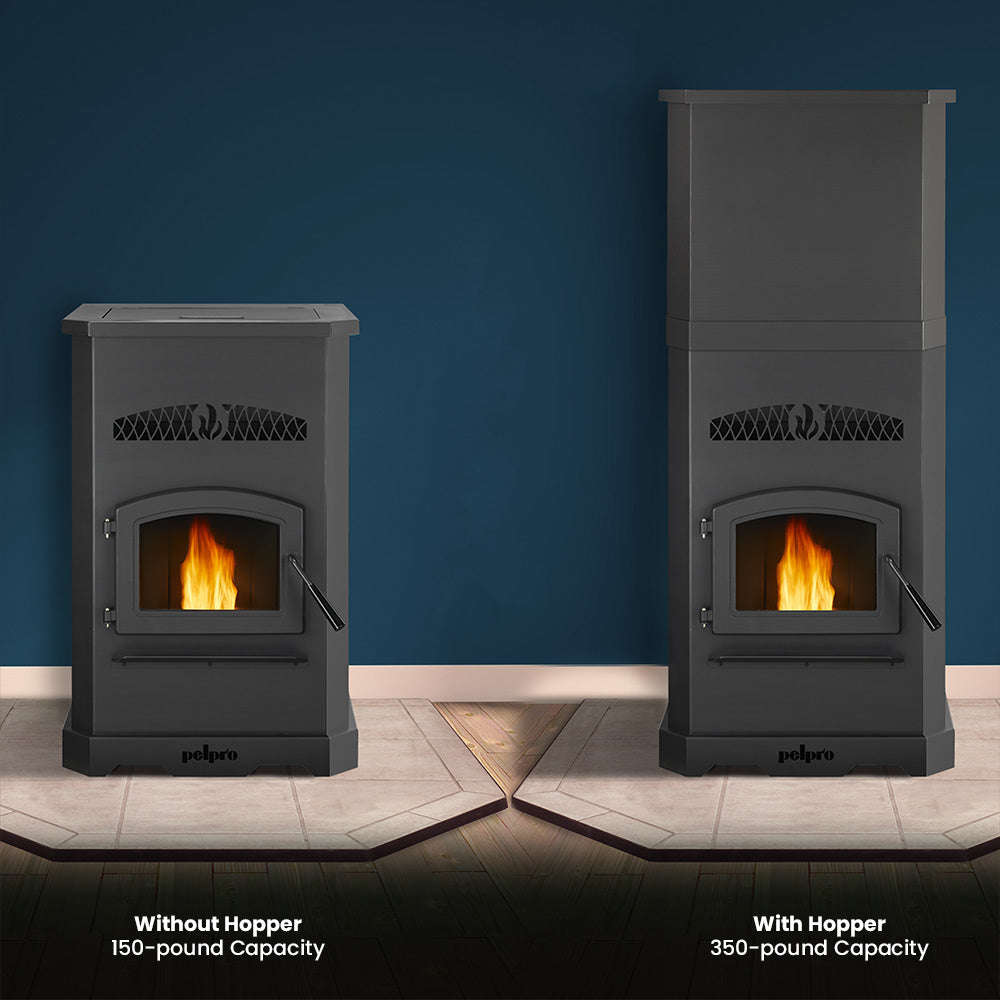 PelPro pellet stove hopper extension, tall gray hopper with firebox below