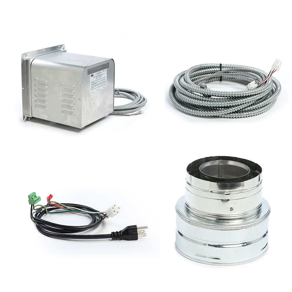 Silver power vent control box with coiled wiring cable and stacked metal vent pipe parts