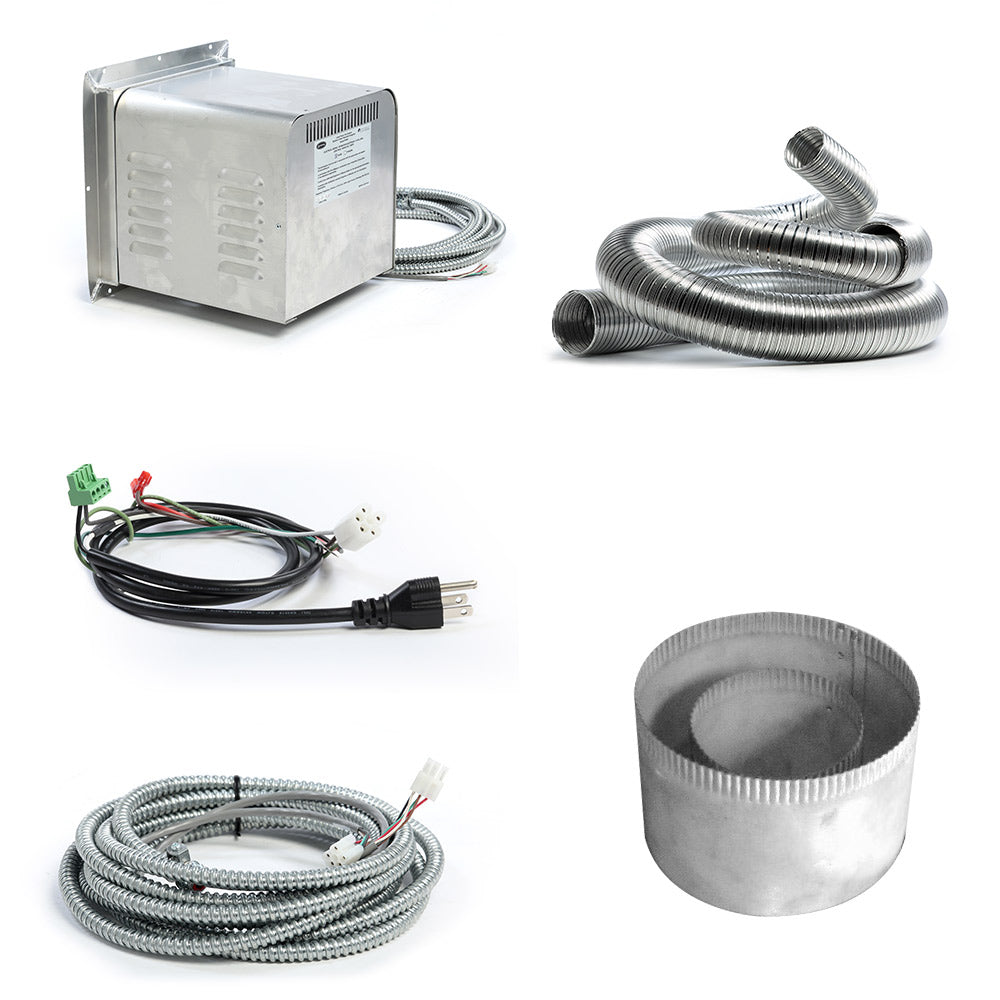 Power vent starter kit: metal control box, corrugated flex duct, wiring harness, vent cap.