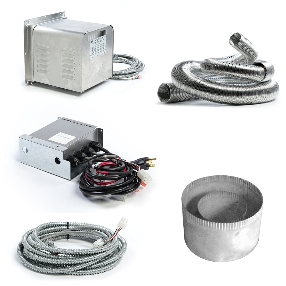 Power vent starter kit: silver control module, flex duct, wiring bundle, vent cap.