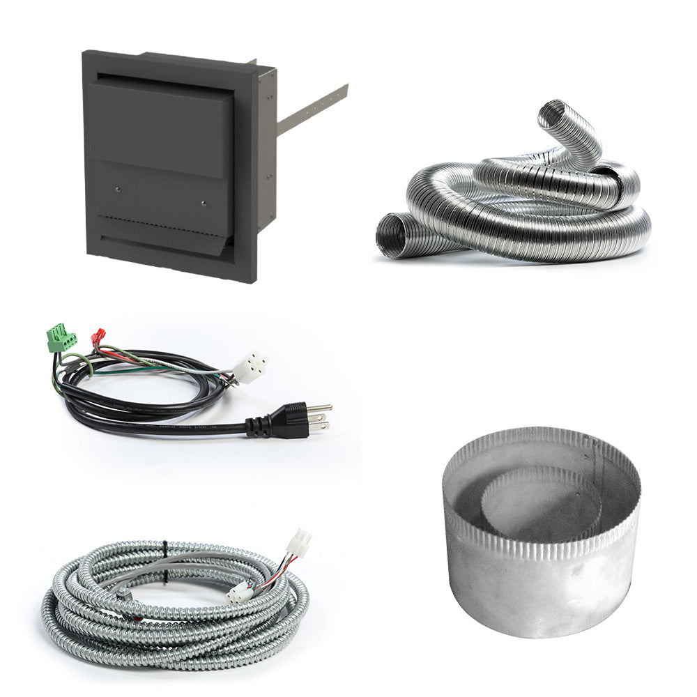 Power vent starter kit: black vent control box, flex duct pipe, wiring harness, vent cap.