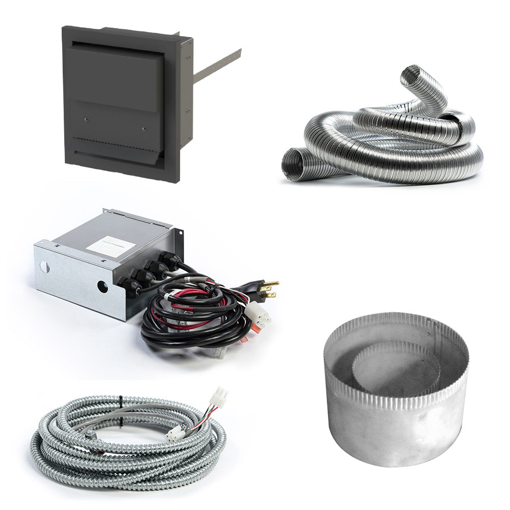 Power vent starter kit: control box, flexible duct pipe, wiring, vent cap.