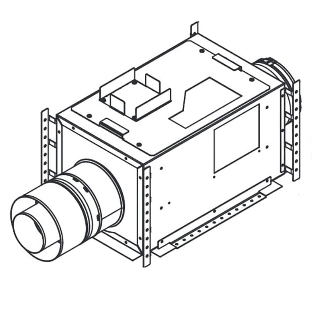 Incline power vent unit with cylindrical sleeve, rectangular metal housing, side flanges.