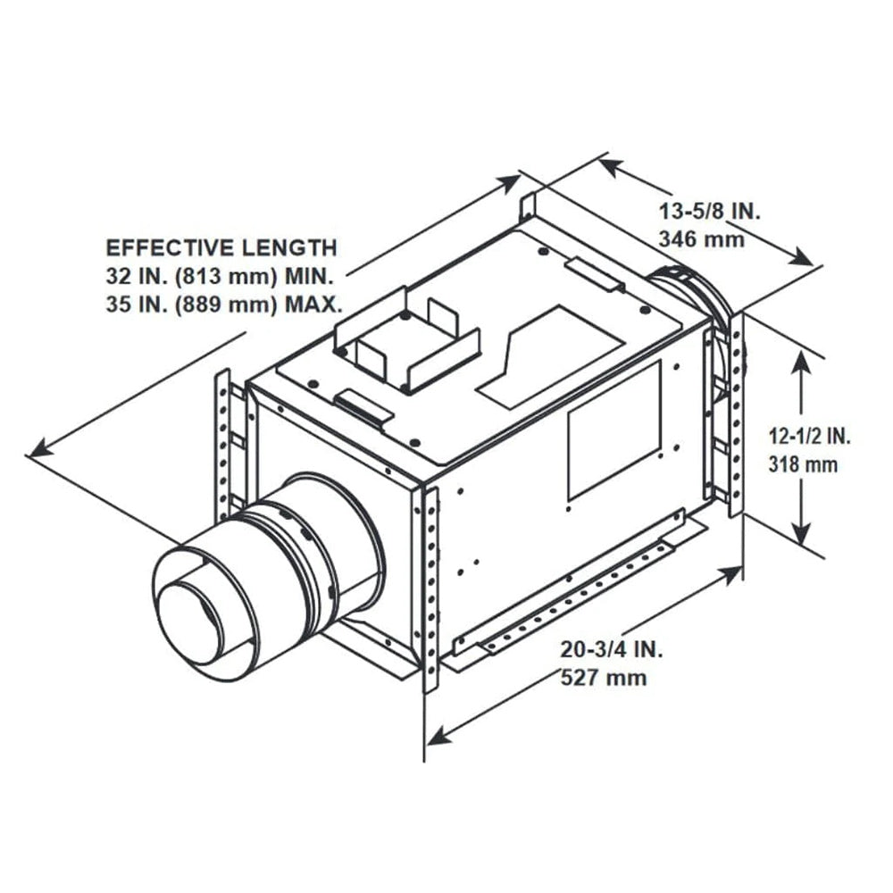Incline power vent with cylindrical sleeve and rectangular housing; 20-3/4 in and 12-1/2 in.
