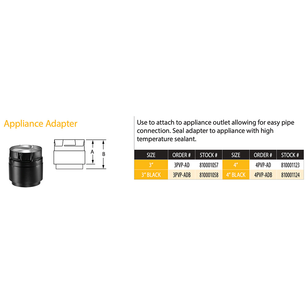 PelletVent appliance adapter diagram with sizing and order code table