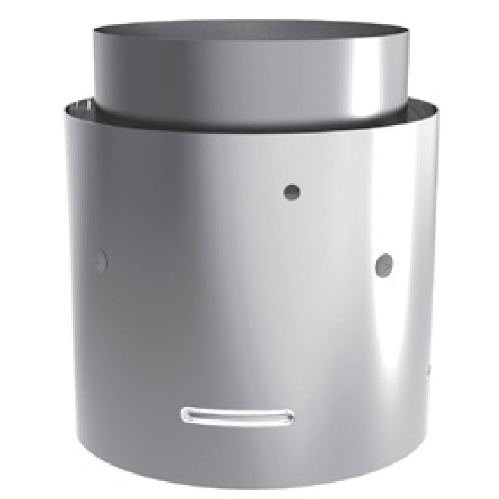 Metal pellet vent female flex adapter, silver-gray with side slot and mounting holes