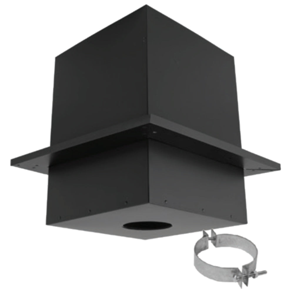 DuraVent PVP-CS pellet vent support box in black steel with round collar and mounting bracket