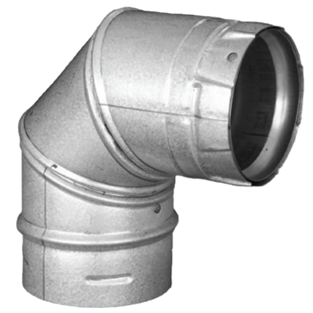 Metal pellet vent elbow, 90-degree bend with black rim, for stove venting