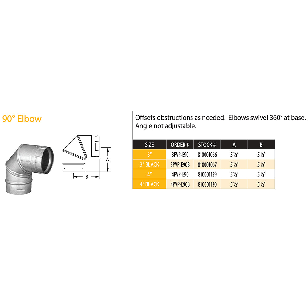 90-degree pellet vent elbow diagram with size options for 3 in and 4 in