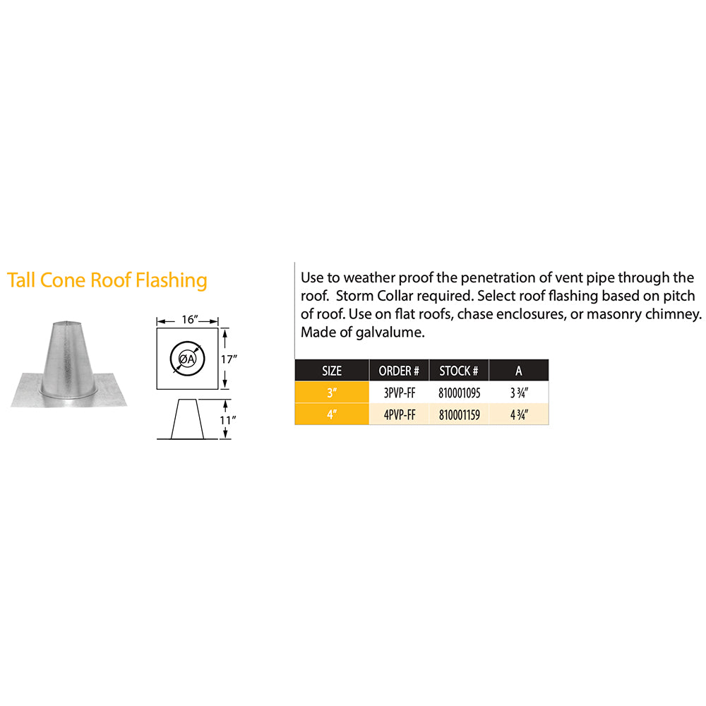 Tall cone roof flashing shown with size and order chart illustration