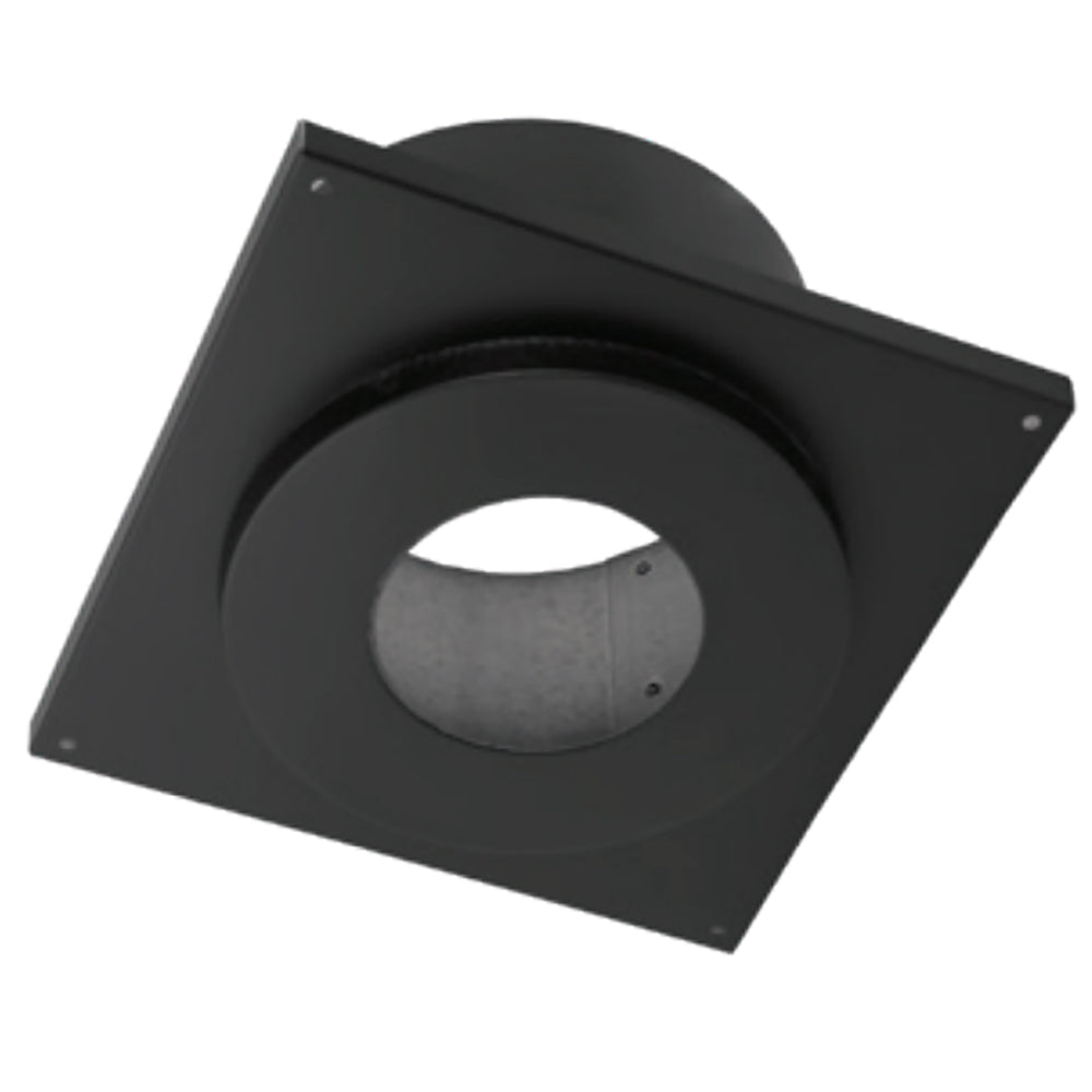 Black steel ceiling support firestop spacer with circular pipe opening and mounting holes.