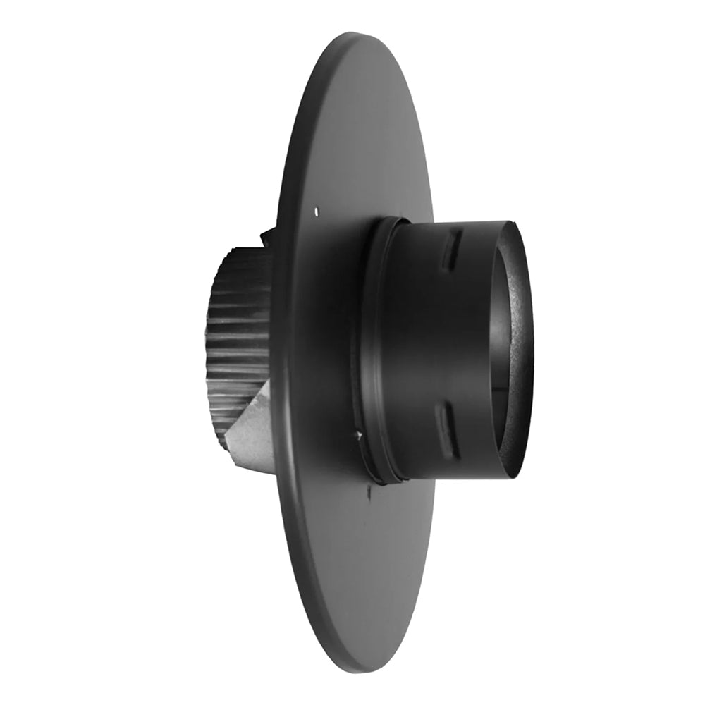 Black steel pellet vent flex trim collar with flanged face and ridged coupling ring