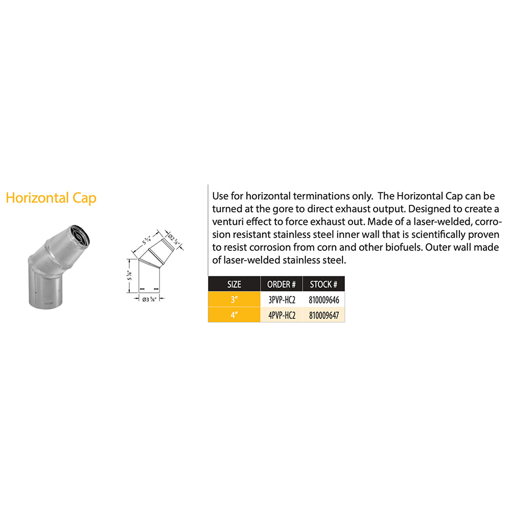 Pellet vent horizontal cap with size diagram