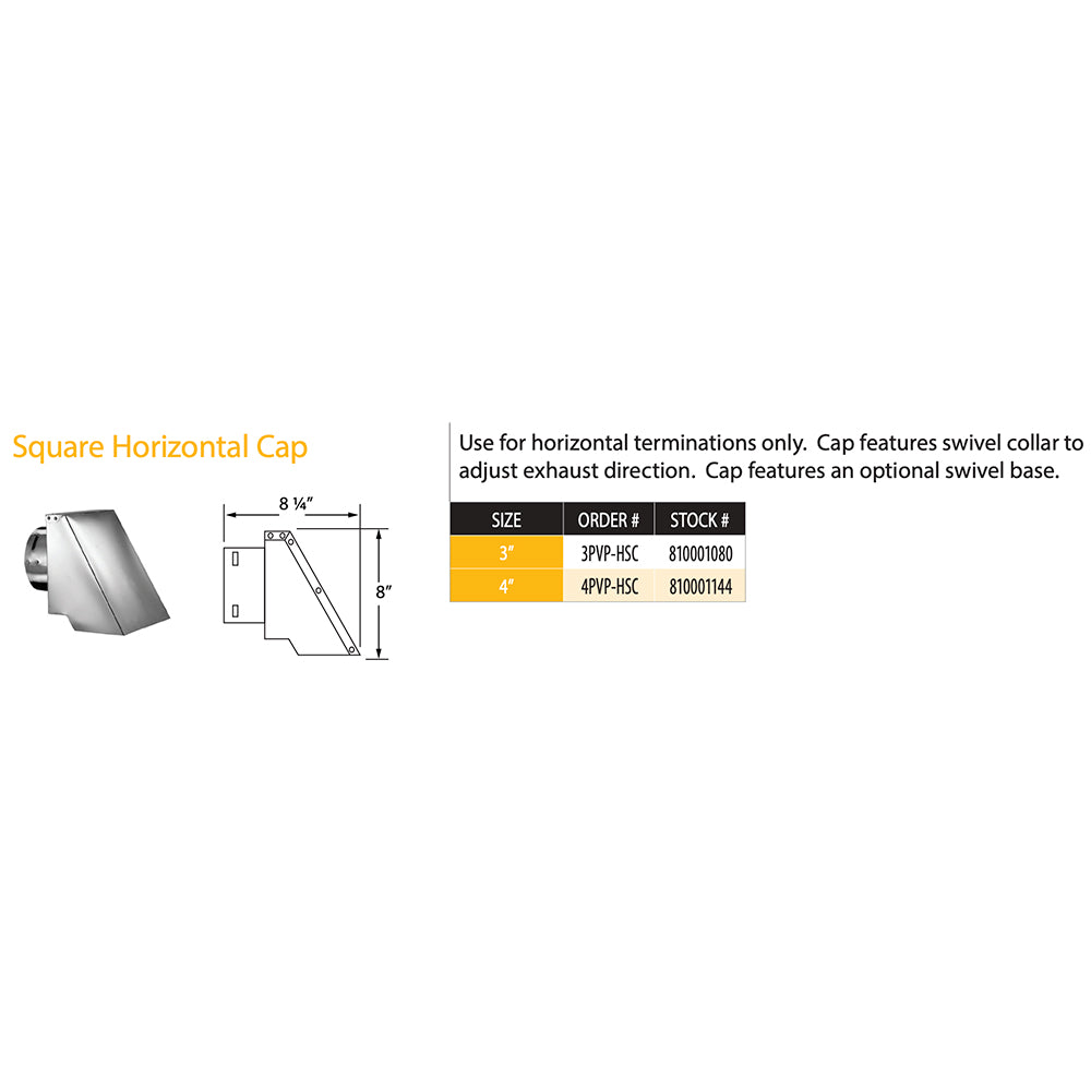 Square horizontal vent cap diagram with silver metal cap and dimensions