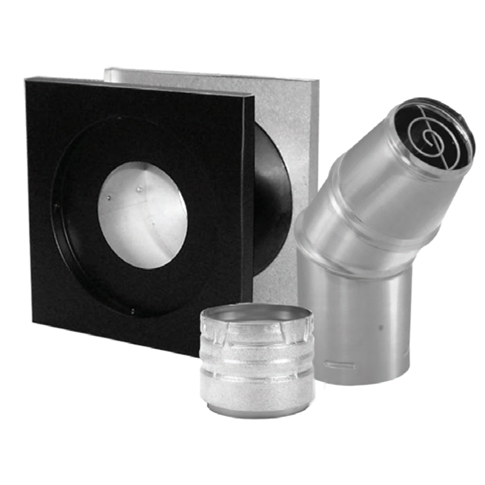 Horizontal pellet vent kit components with black wall thimble, silver elbow and cap