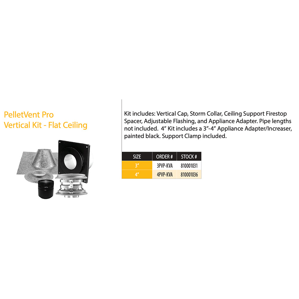 PelletVent Pro vertical pellet vent kit with ceiling plate, vent pipe sections, mounting collar