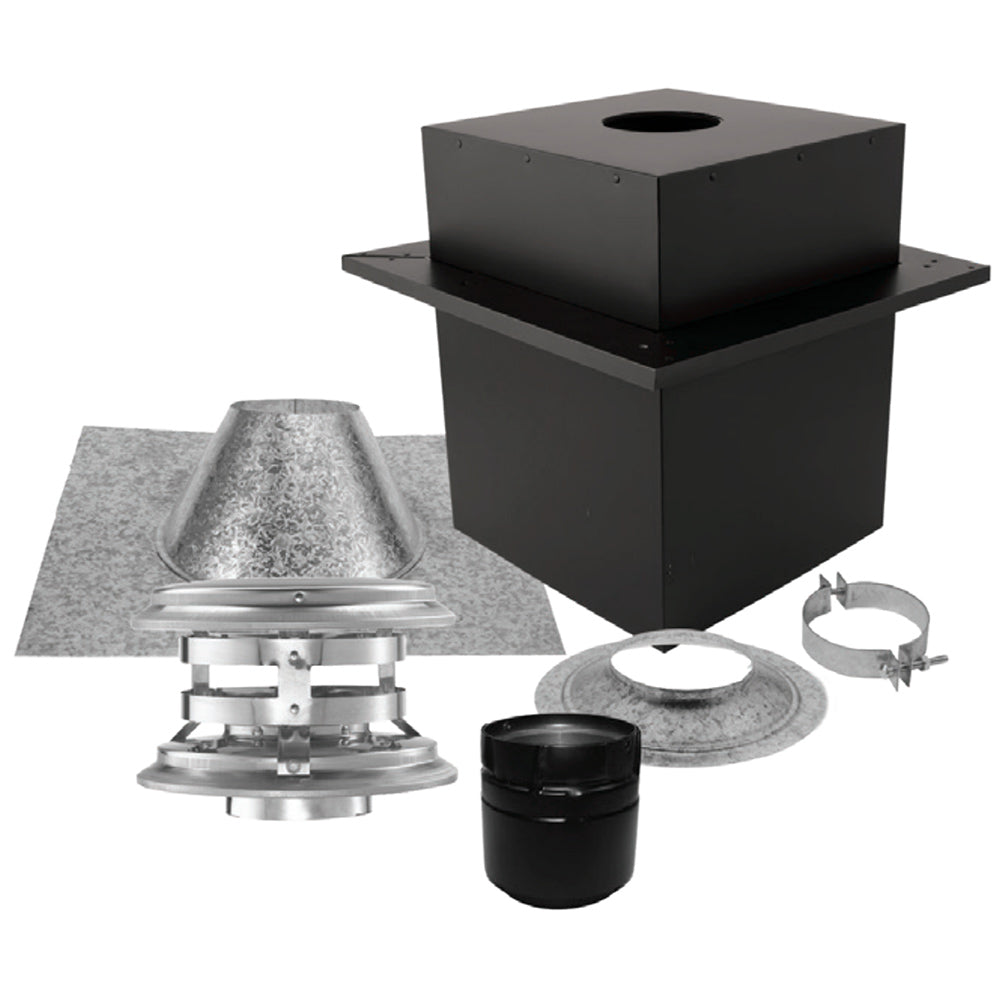 Pellet vent vertical kit components: black flue box, vent cap, insulation wrap, clamps