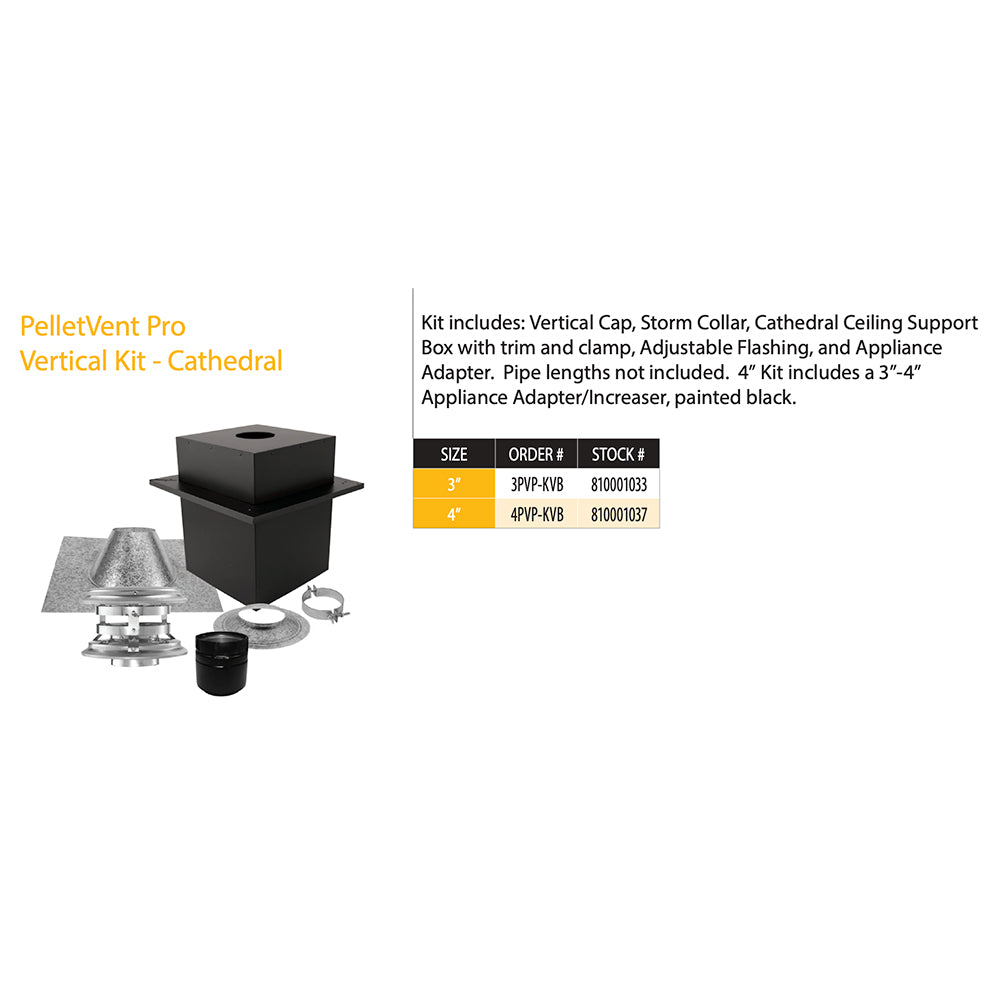 Pellet vent vertical kit with black flue section and included vent cap, insulation, adapter