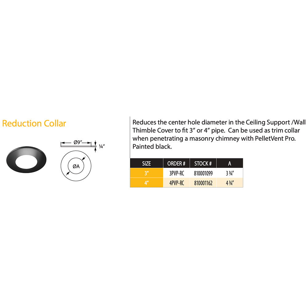 Black steel reduction collar, shown with size chart and hole-diameter diagram