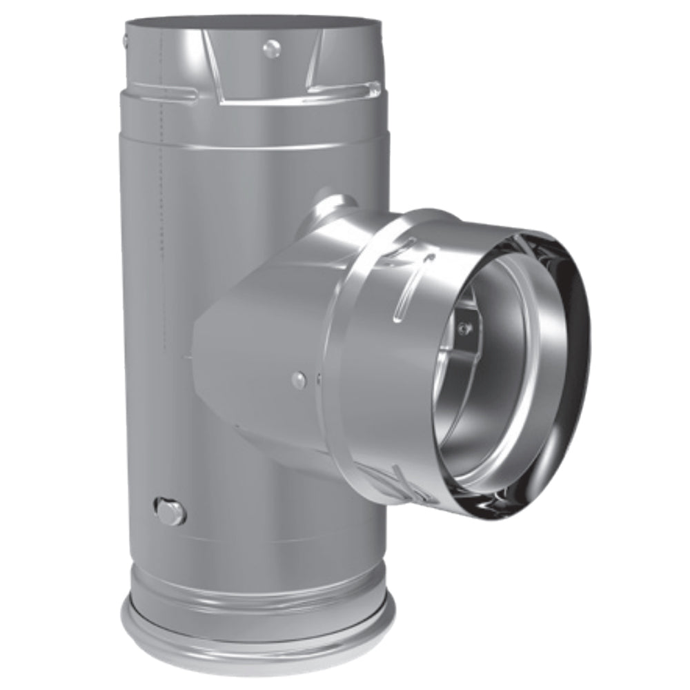 PelletVent Pro black steel single tee with clean-out cap, round side outlet