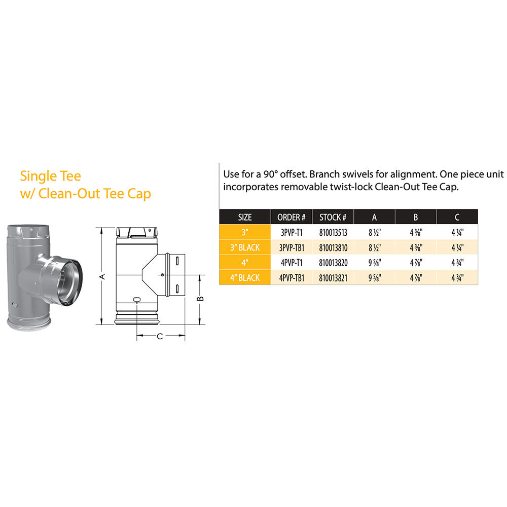 Single tee with clean-out cap shown in dimension diagram and size table