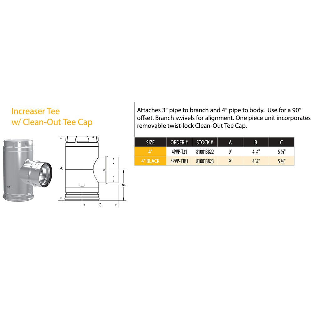 Technical diagram of 4-inch pellet vent increaser tee with clean-out cap, dimensions