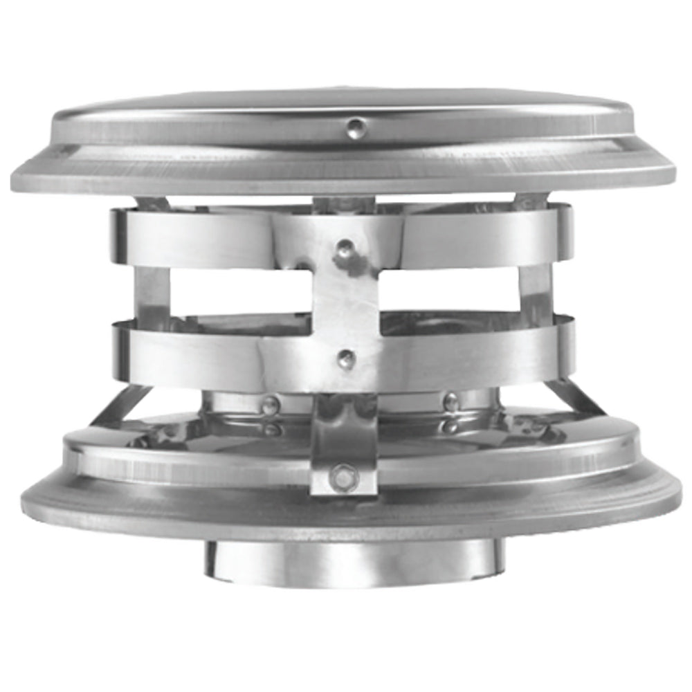 PelletVent Pro vertical vent cap, stainless metal with layered flanges and screws