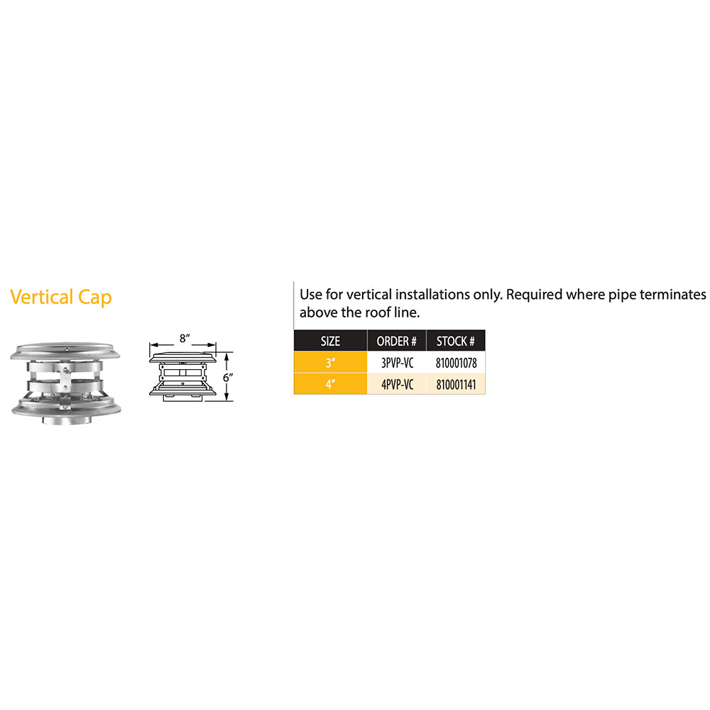 PelletVent Pro vertical vent cap diagram with dimensions and size chart