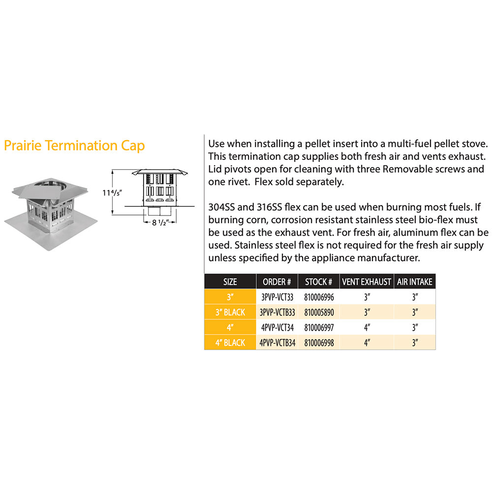 Prairie termination cap size chart and installation instructions diagram for pellet stove