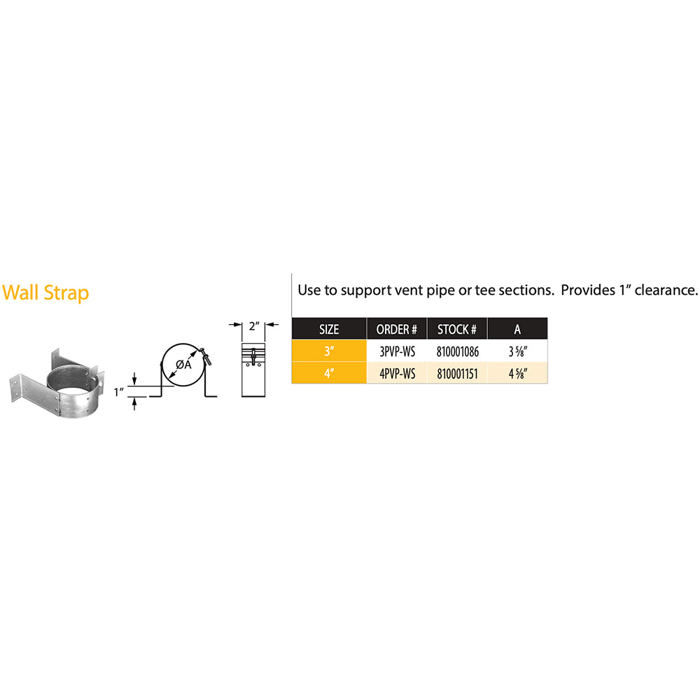 DuraVent PelletVent Pro wall strap with size chart and installation clearance diagram