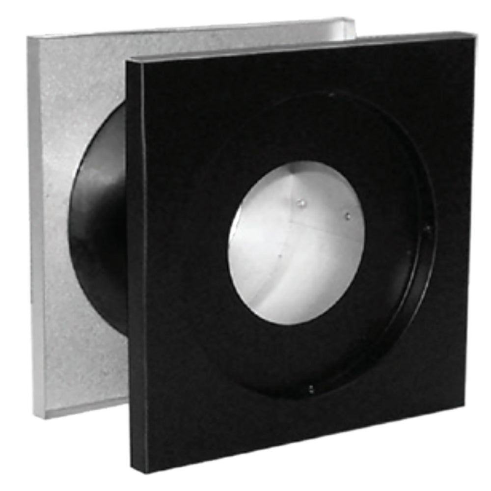 PelletVent wall thimble with black plate and silver round opening