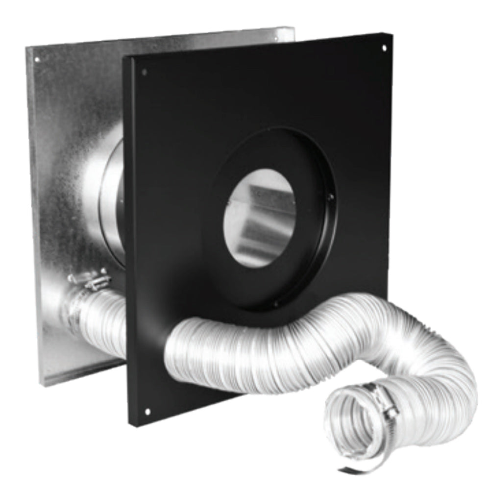 Wall thimble air intake kit with black mounting plate and silver flexible vent duct