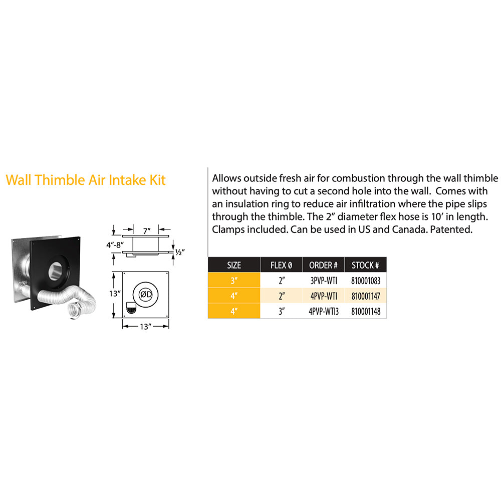 Wall thimble air intake kit layout with dimensions diagram and flexible duct