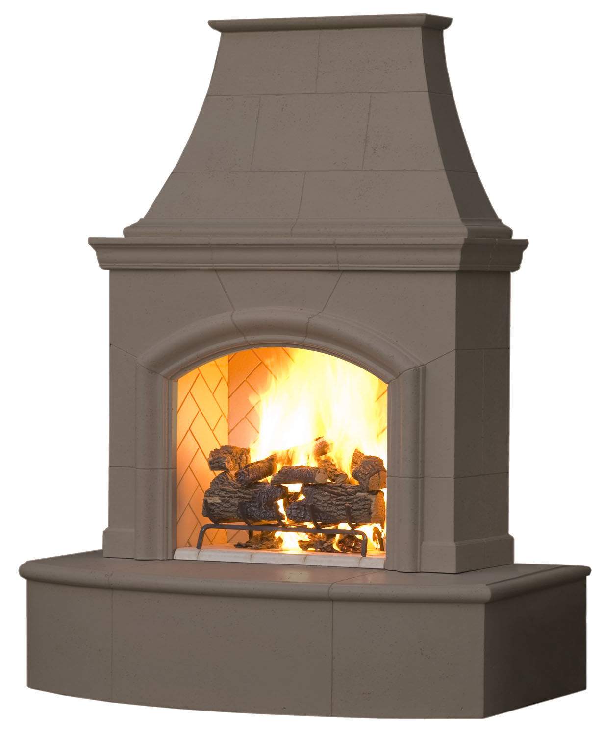 Dark gray outdoor gas fireplace with arched firebox and glowing flames