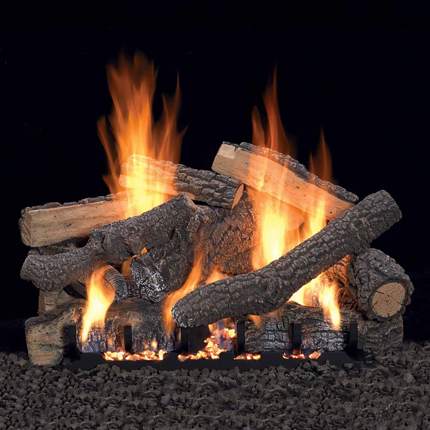 Vented refractory fireplace log set with glowing flames and dark split logs