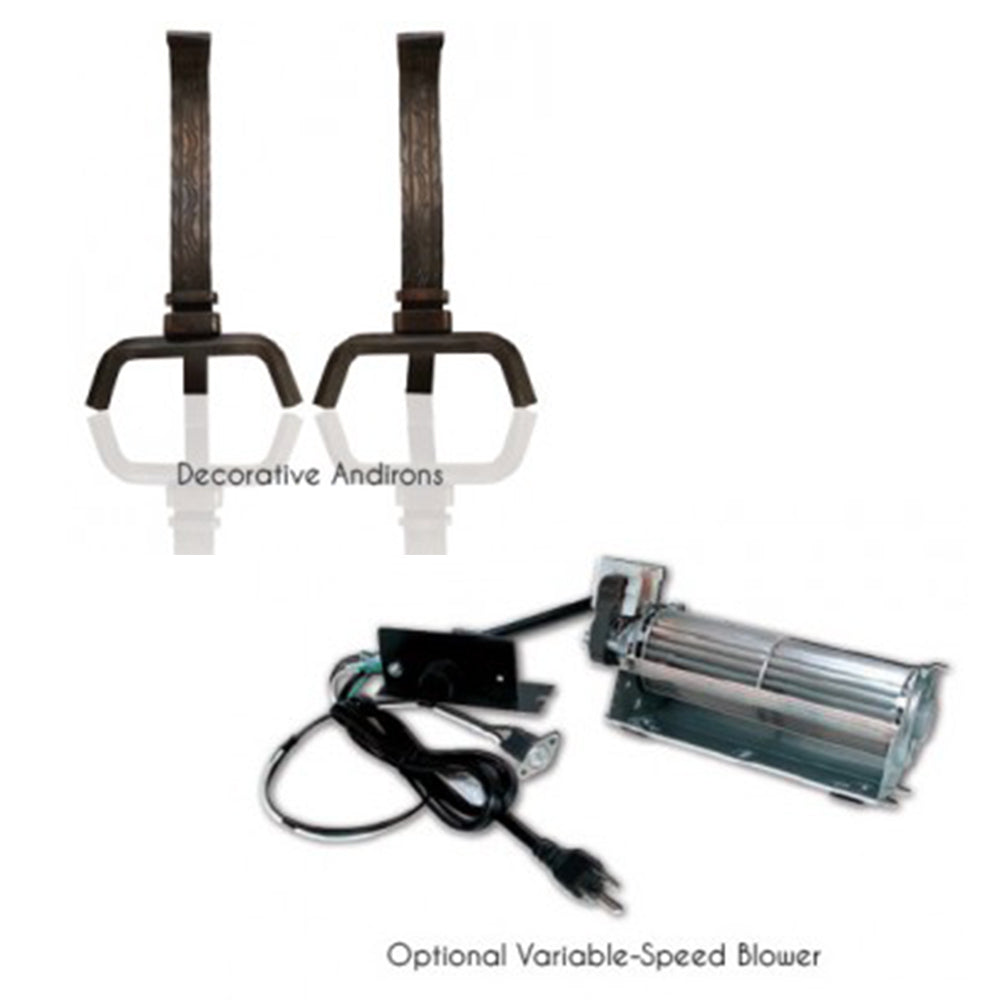 Decorative andirons and optional variable-speed blower for a direct-vent fireplace