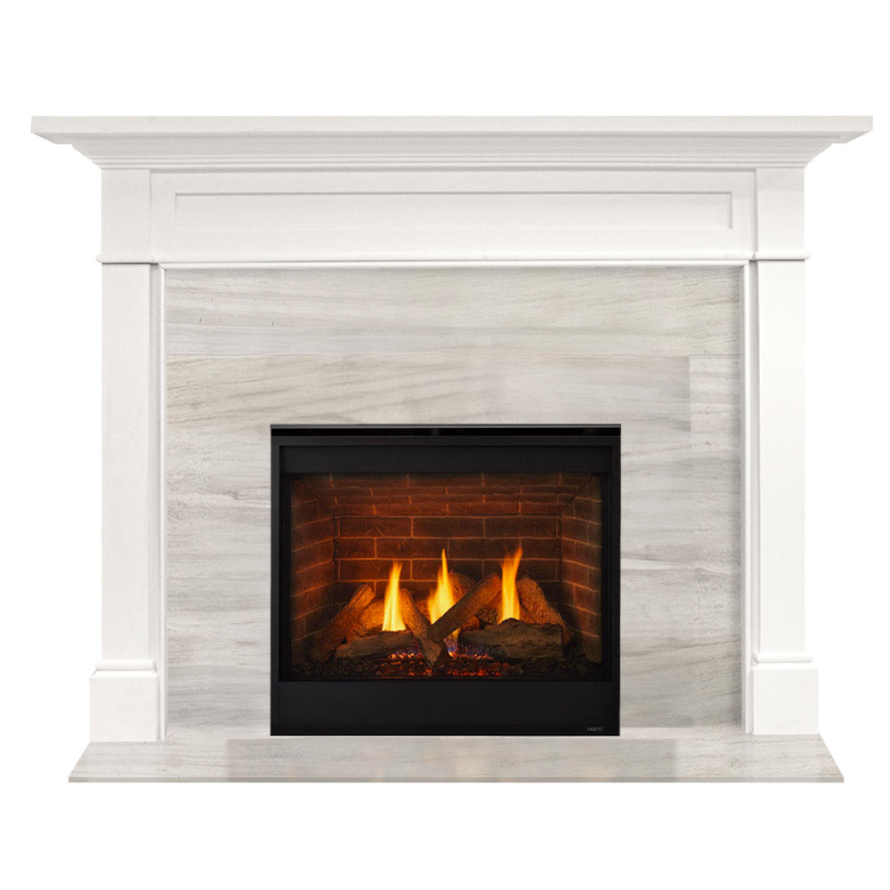 White flush mantel gas fireplace with black firebox and visible burning split logs