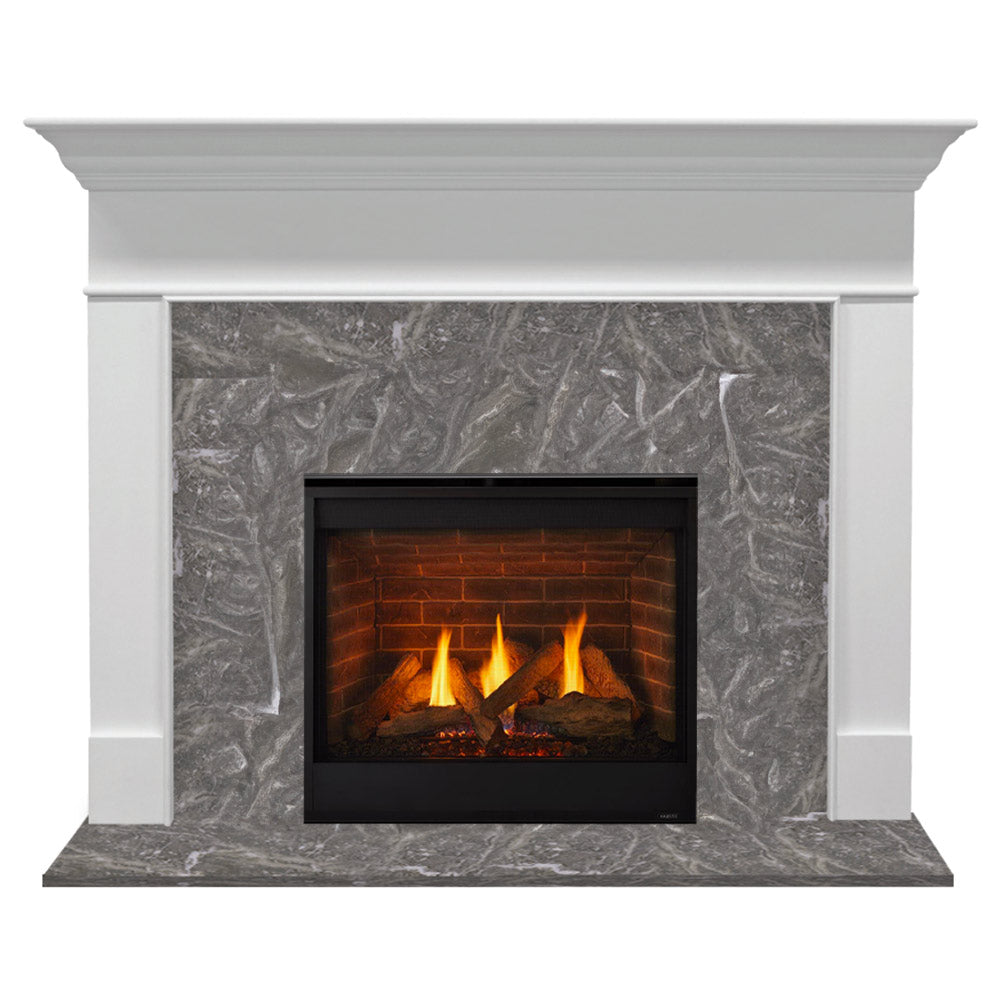 White MDF fireplace mantel with gray stone surround and glass firebox, burning split logs