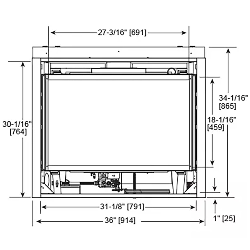 36-inch direct vent gas fireplace with black mesh front and open firebox frame