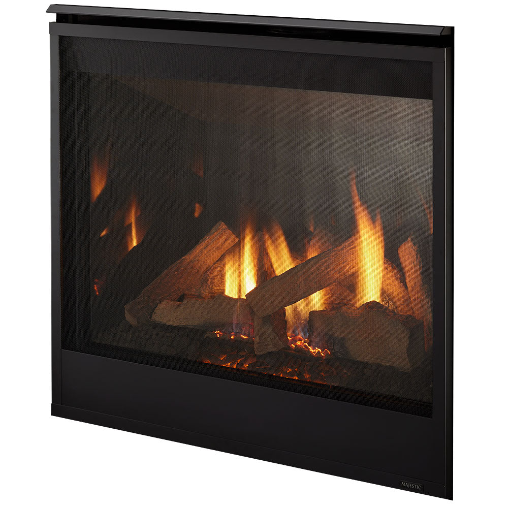 Black 36-inch direct vent gas fireplace with burning logs behind mesh screen