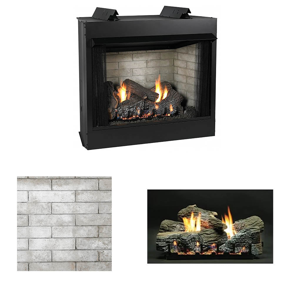 Ventless gas firebox with black frame and glass front, burning logs with orange flames