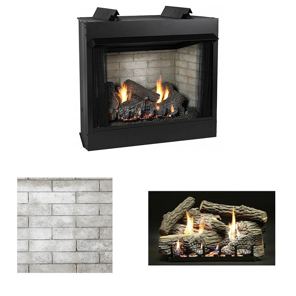 Black ventless gas firebox with glass front and burning logs in firebox