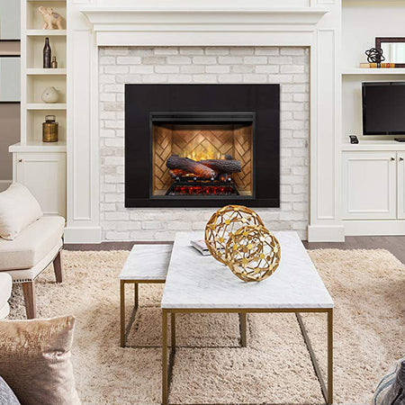 Electric fireplace insert with herringbone back and realistic log flame effect