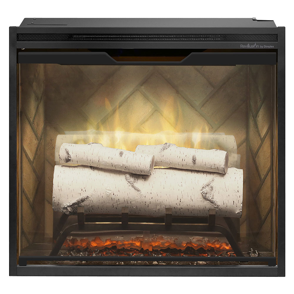Black electric fireplace insert with birch log flame effect and glowing embers