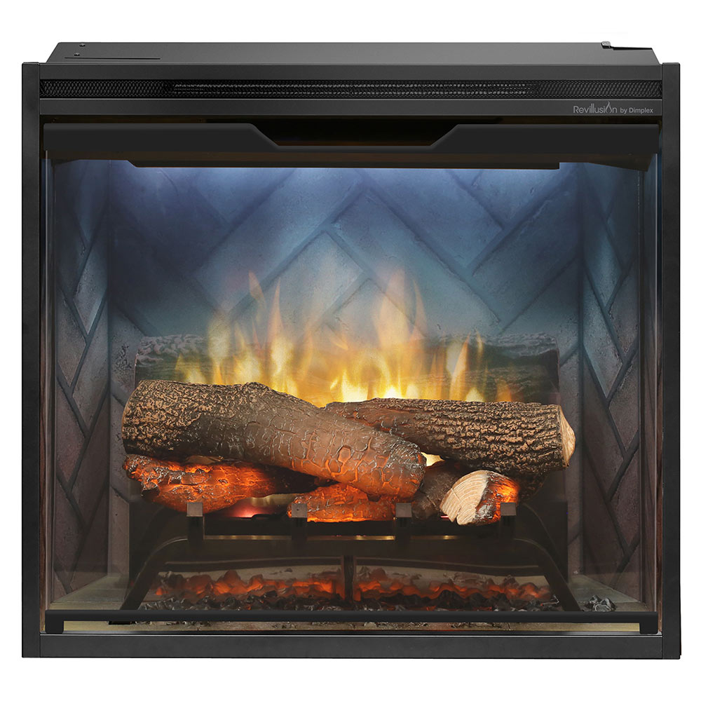 Black electric fireplace insert with glowing faux logs and flame display