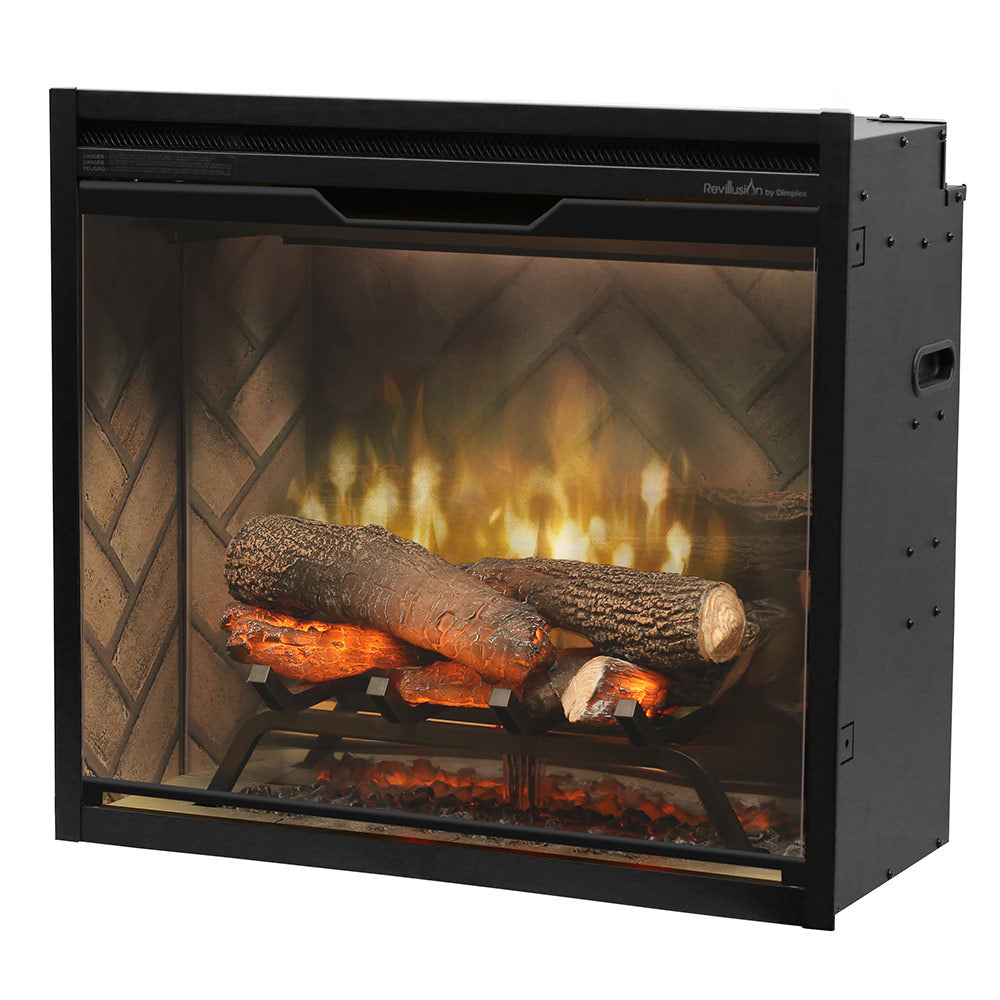 Black electric fireplace insert with herringbone backer and burning-log effect