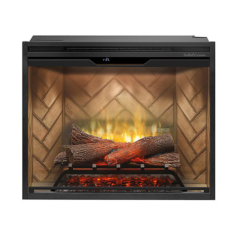 Electric fireplace with black frame, front glass panel, and herringbone back design