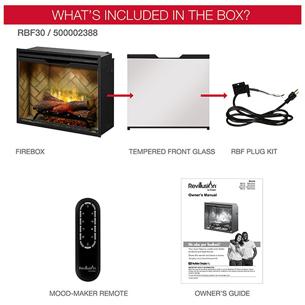 Electric fireplace box contents: firebox, tempered glass, plug kit, remote, owner guide