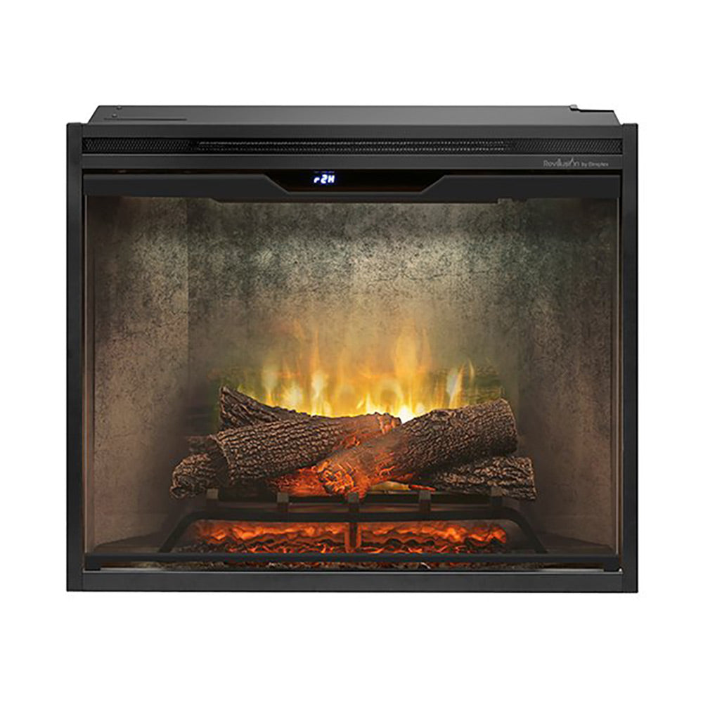 Electric fireplace with black frame and glass front, burning log flame effect